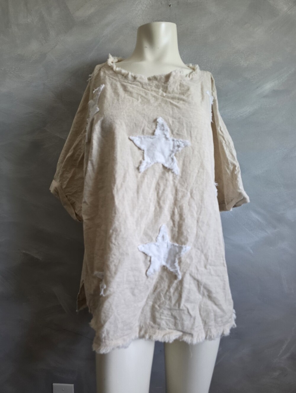 Natural White Star Patch Cotton Linen Blend Tunic Top Sz S Blue Velvet Oversized